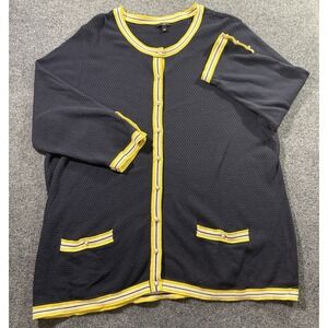 Talbots Navy Cardigan Sweater Women 2X Yellow Trim Button Front Pockets